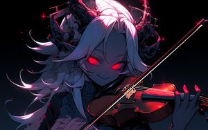 Preview wallpaper girl, smile, horns, violin, anime