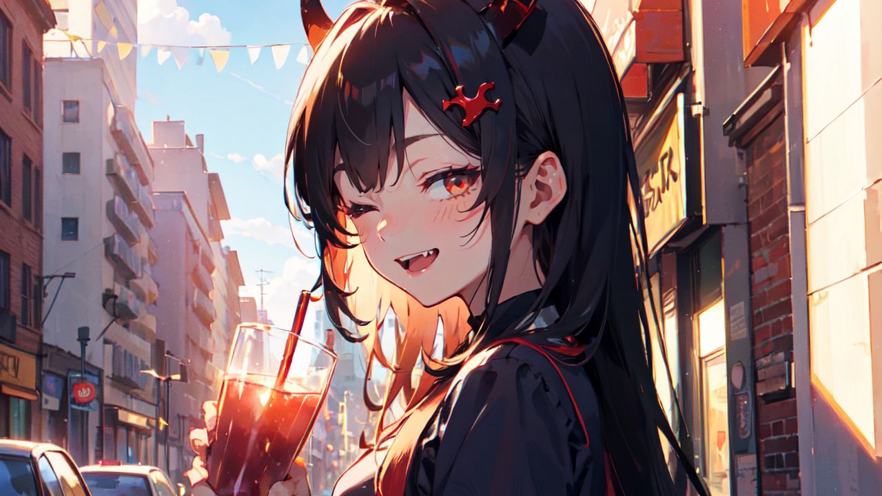 Wallpaper girl, smile, horns, drink, street, art, anime