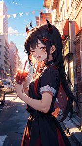 Preview wallpaper girl, smile, horns, drink, street, art, anime