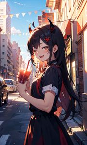 Preview wallpaper girl, smile, horns, drink, street, art, anime