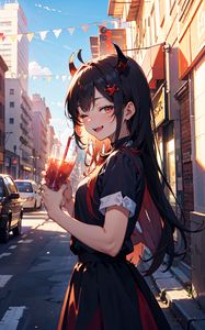 Preview wallpaper girl, smile, horns, drink, street, art, anime