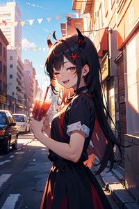 Preview wallpaper girl, smile, horns, drink, street, art, anime