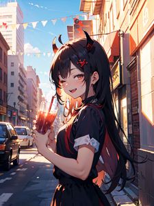 Preview wallpaper girl, smile, horns, drink, street, art, anime