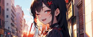 Preview wallpaper girl, smile, horns, drink, street, art, anime