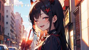 Preview wallpaper girl, smile, horns, drink, street, art, anime