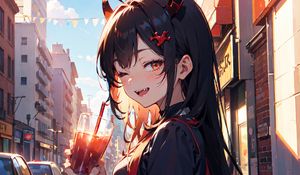 Preview wallpaper girl, smile, horns, drink, street, art, anime