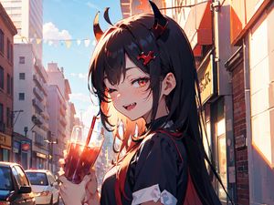 Preview wallpaper girl, smile, horns, drink, street, art, anime