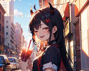 Preview wallpaper girl, smile, horns, drink, street, art, anime