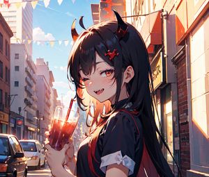 Preview wallpaper girl, smile, horns, drink, street, art, anime