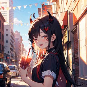 Preview wallpaper girl, smile, horns, drink, street, art, anime