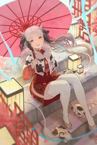 Preview wallpaper girl, smile, horns, umbrella, anime