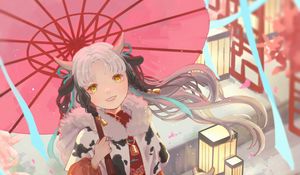 Preview wallpaper girl, smile, horns, umbrella, anime