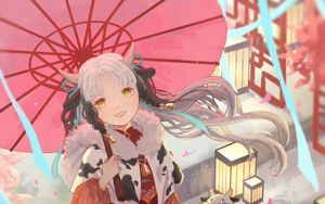 Preview wallpaper girl, smile, horns, umbrella, anime