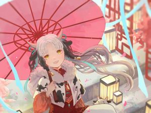 Preview wallpaper girl, smile, horns, umbrella, anime