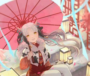 Preview wallpaper girl, smile, horns, umbrella, anime