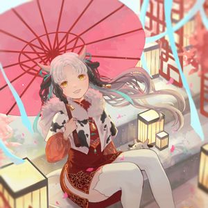 Preview wallpaper girl, smile, horns, umbrella, anime