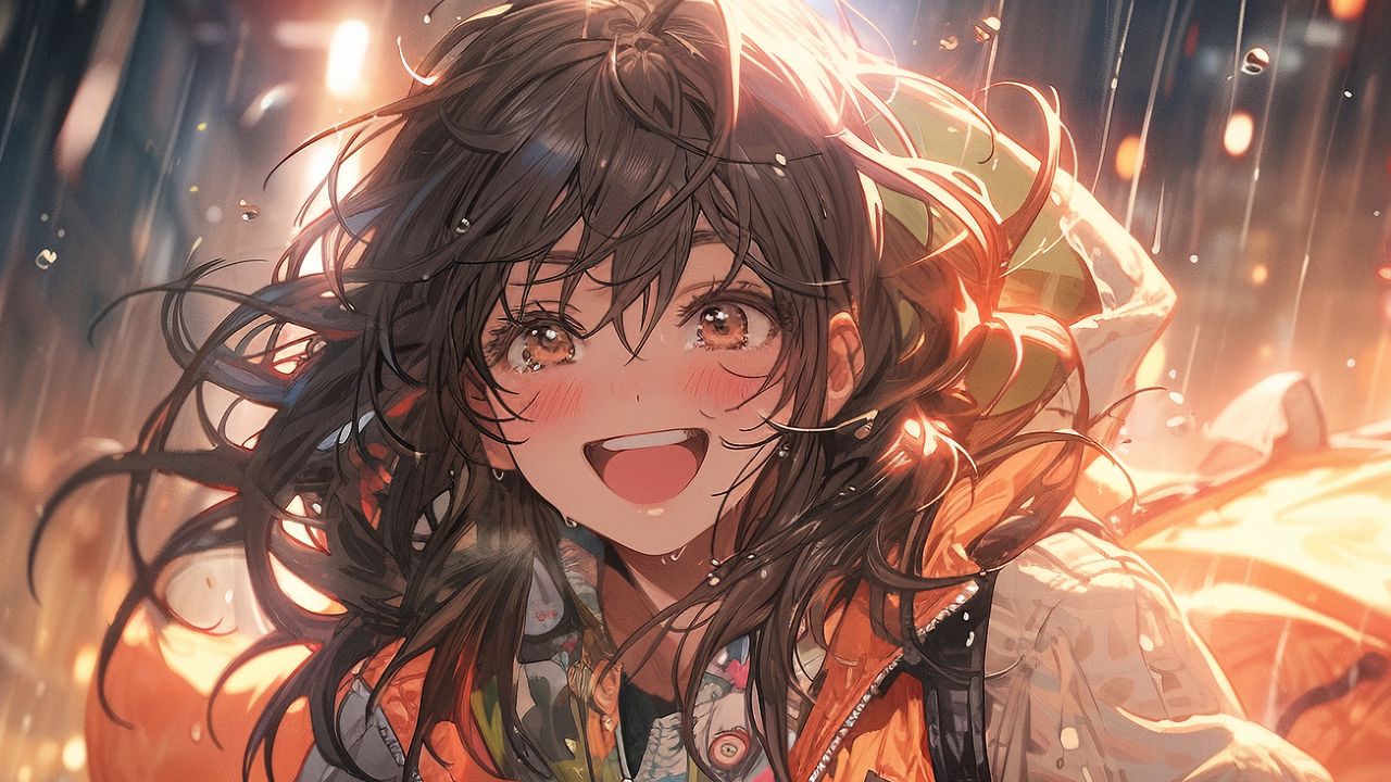 Wallpaper girl, smile, jacket, drops, rain, anime