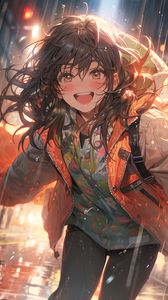 Preview wallpaper girl, smile, jacket, drops, rain, anime