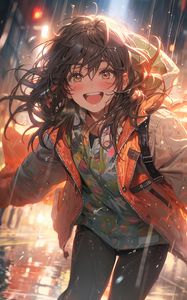 Preview wallpaper girl, smile, jacket, drops, rain, anime