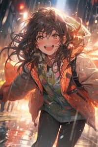 Preview wallpaper girl, smile, jacket, drops, rain, anime