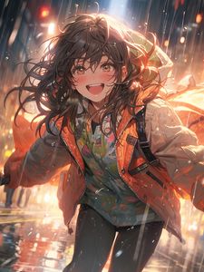 Preview wallpaper girl, smile, jacket, drops, rain, anime