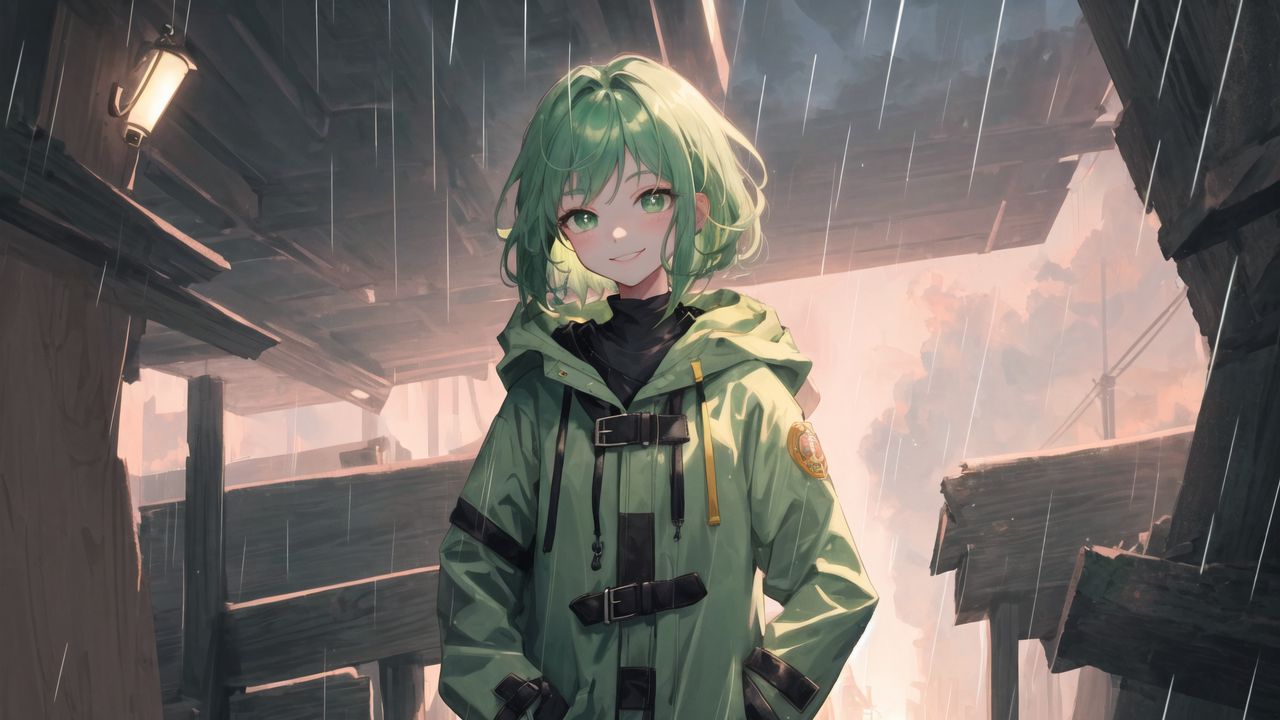 Wallpaper girl, smile, jacket, green, anime, art