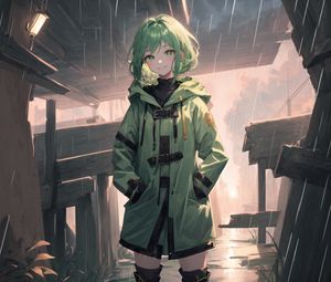 Preview wallpaper girl, smile, jacket, green, anime, art