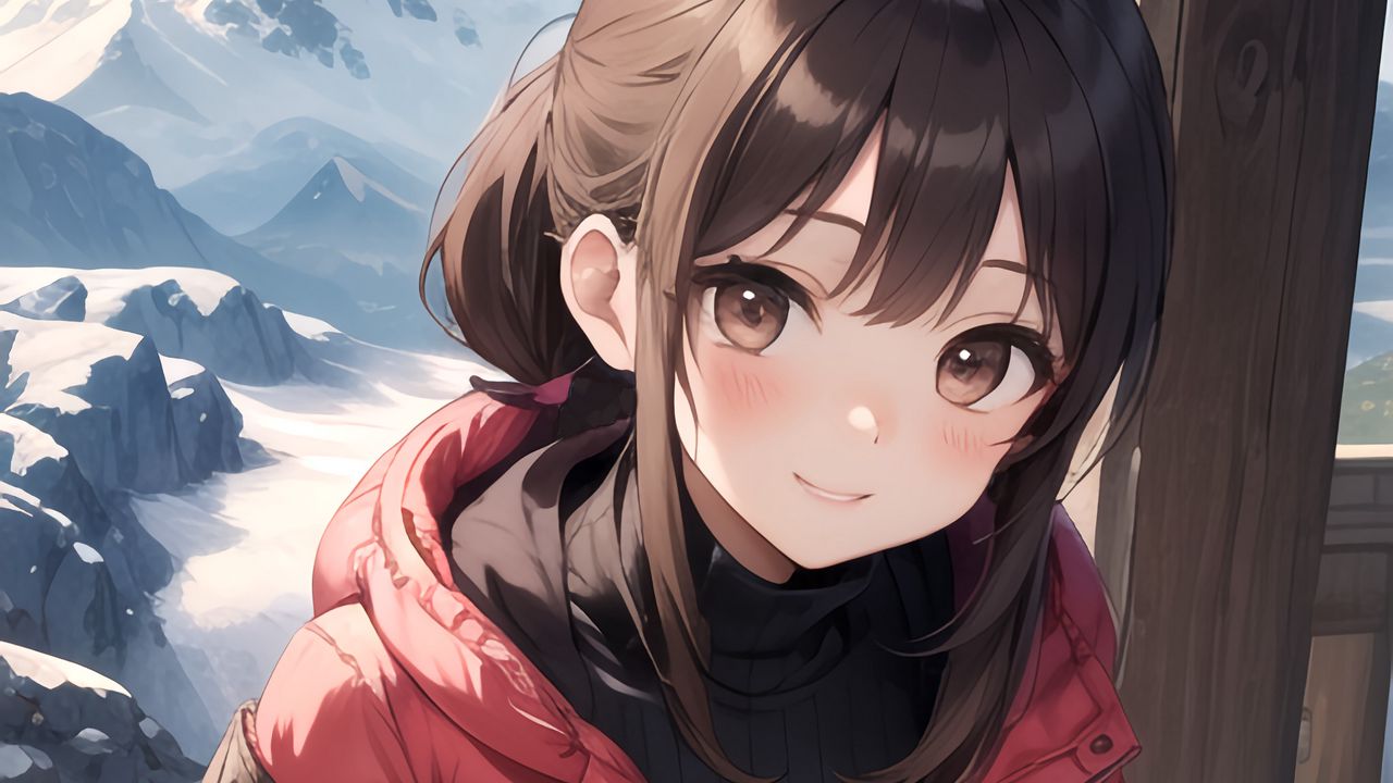 Wallpaper girl, smile, jacket, mountains, anime, art