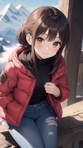 Preview wallpaper girl, smile, jacket, mountains, anime, art