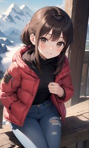 Preview wallpaper girl, smile, jacket, mountains, anime, art