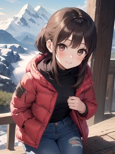 Preview wallpaper girl, smile, jacket, mountains, anime, art