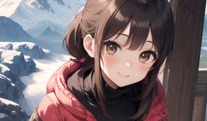 Preview wallpaper girl, smile, jacket, mountains, anime, art