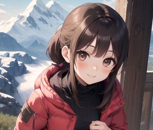 Preview wallpaper girl, smile, jacket, mountains, anime, art