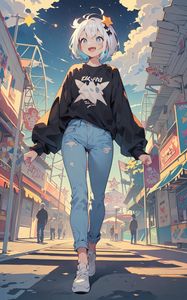 Preview wallpaper girl, smile, jeans, street, anime, art