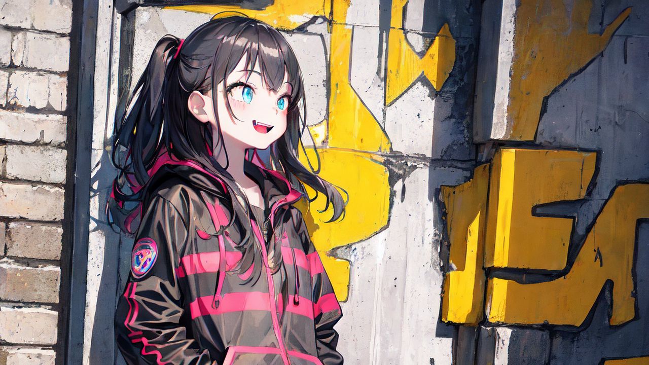Wallpaper girl, smile, jeans, wall, graffiti, anime