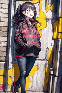 Preview wallpaper girl, smile, jeans, wall, graffiti, anime