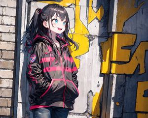 Preview wallpaper girl, smile, jeans, wall, graffiti, anime
