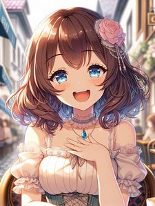 Preview wallpaper girl, smile, jewelry, dress, cafe, anime