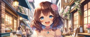 Preview wallpaper girl, smile, jewelry, dress, cafe, anime