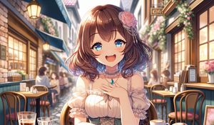 Preview wallpaper girl, smile, jewelry, dress, cafe, anime