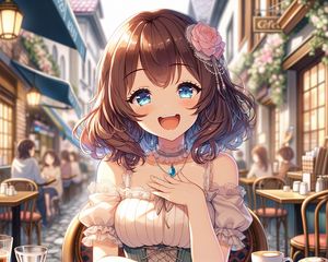 Preview wallpaper girl, smile, jewelry, dress, cafe, anime