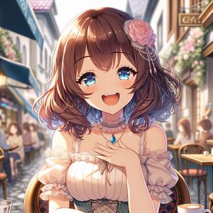 Preview wallpaper girl, smile, jewelry, dress, cafe, anime