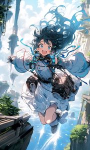 Preview wallpaper girl, smile, jump, flight, bag, anime
