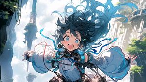 Preview wallpaper girl, smile, jump, flight, bag, anime