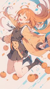 Preview wallpaper girl, smile, jump, oranges, anime, art