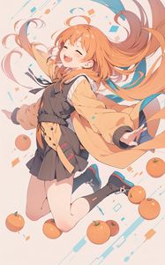 Preview wallpaper girl, smile, jump, oranges, anime, art