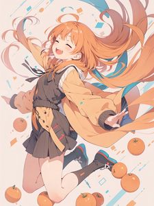 Preview wallpaper girl, smile, jump, oranges, anime, art