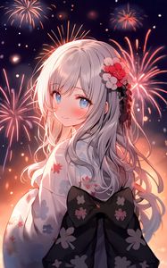 Preview wallpaper girl, smile, kimono, fireworks, anime