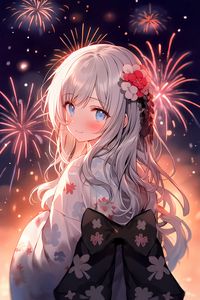 Preview wallpaper girl, smile, kimono, fireworks, anime