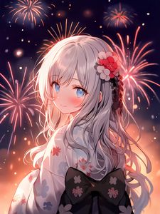 Preview wallpaper girl, smile, kimono, fireworks, anime